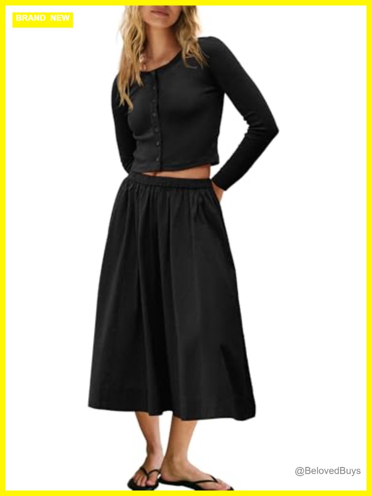 Ribbed Button Down Cardigan And Elastic Waist Skirt Set